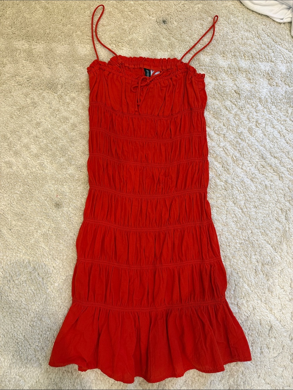 H&M Red Smocked Midi Dress with Spaghetti Straps